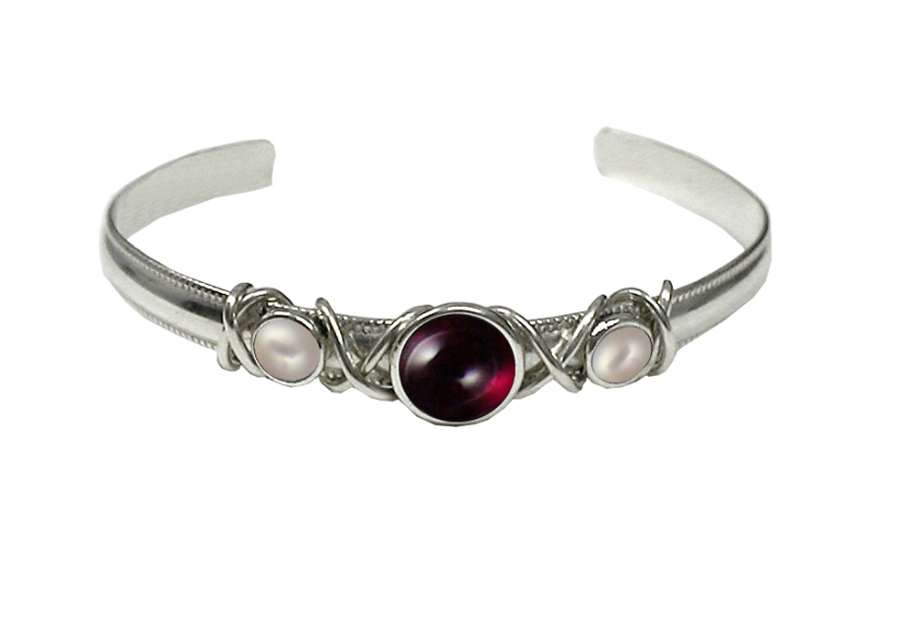 Sterling Silver Hand Made Cuff Bracelet With Garnet